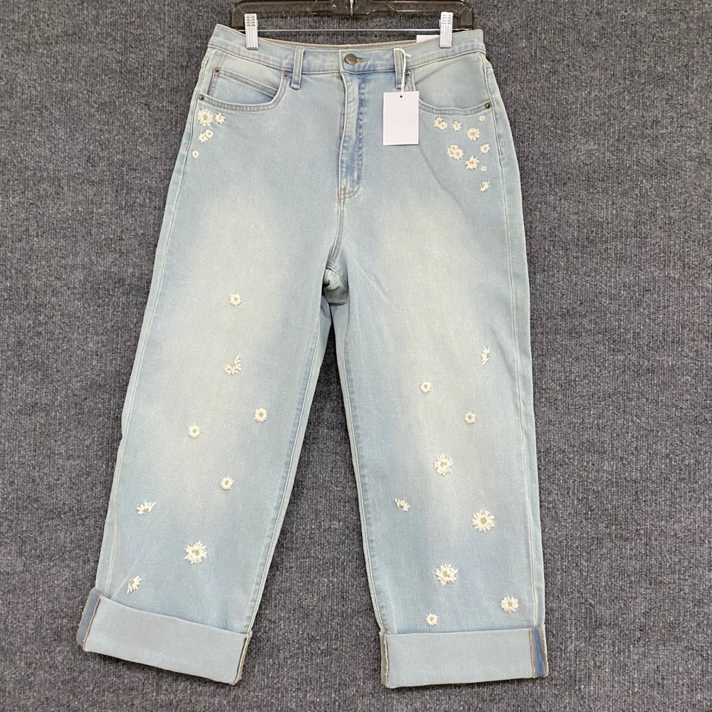 Jessica Simpson Zinnia Wide Leg Boyfriend Jeans Light Wash Floral Daisy Size 8